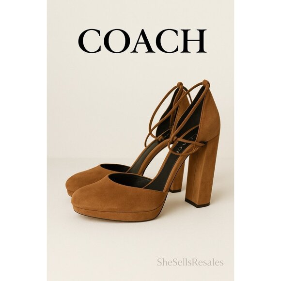 Coach Women’s Suede Block Heel Pumps Brown Size 10 Elegant Designer Shoe - Picture 15 of 15